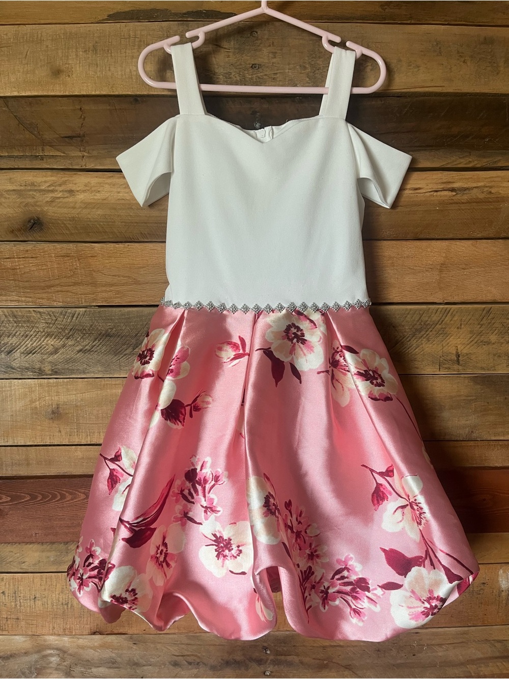 Speechless White Cold-Shoulder Top with Pink Floral Satin Skirt Girls Dress